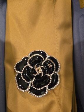 CC Boutique Black Enamel Camellia Brooch with Crystal Trim New